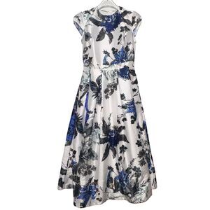 eShakti Dress Floral Small Pleated Blue White Silk-look Midi wedding guest